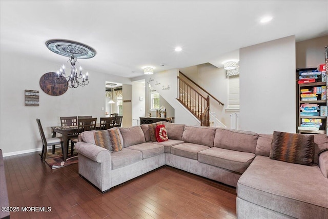 259 Chickadee Ct Unit 1000, Freehold, NJ 07728 - living room featuring a chandelier, stairway, dark wood-style flooring, and recessed lighting