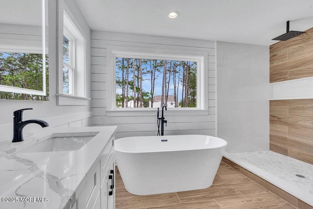 12 Outsail Ave, Barnegat, NJ 08005 - bathroom featuring vanity, a soaking tub, walk in shower, and recessed lighting