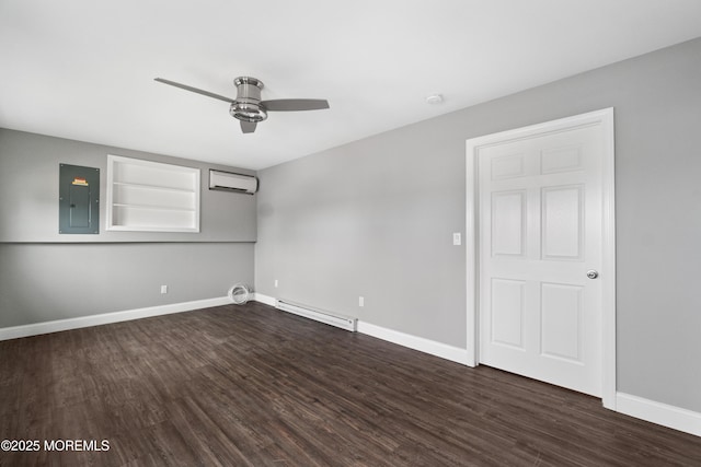 23 Island Dr, Brick, NJ 08724 - unfurnished room featuring an AC wall unit, electric panel, a baseboard heating unit, ceiling fan, and dark wood-style flooring