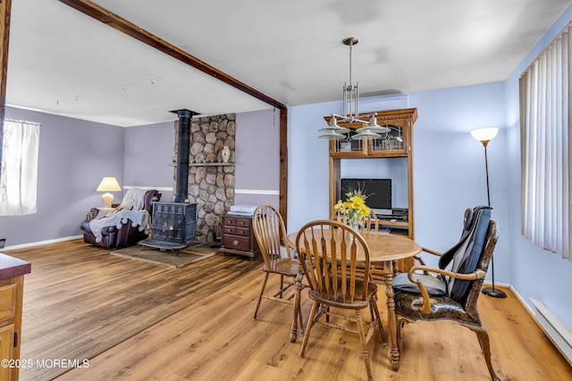 1341 1st Ave, Toms River, NJ 08757 - dining room featuring baseboard heating, a wood stove, and light wood finished floors