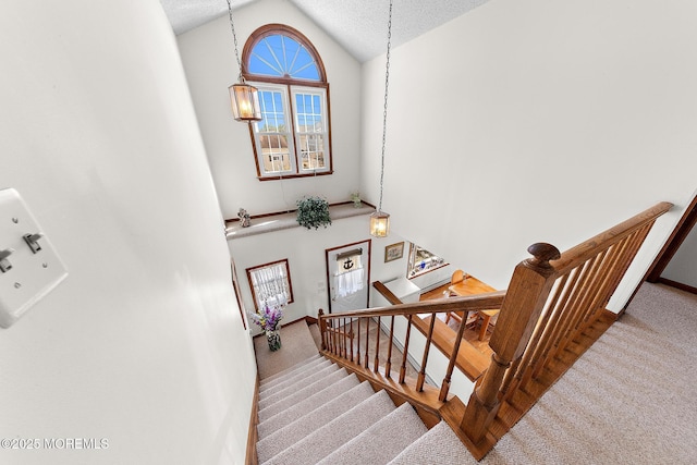 8 Mary Alice Rd, Beach Haven West, NJ 08050 - stairway with carpet floors, high vaulted ceiling, and a textured ceiling