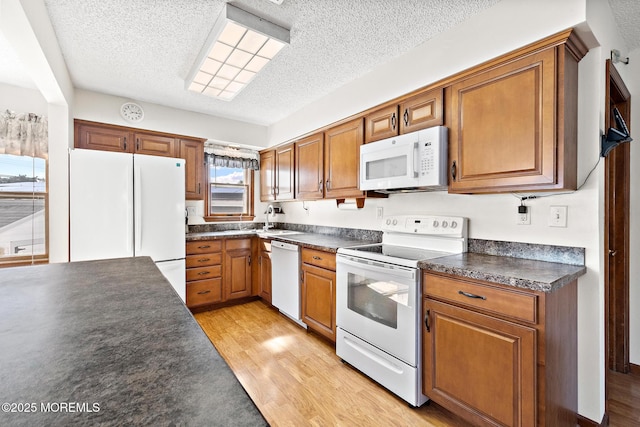 8 Mary Alice Rd, Beach Haven West, NJ 08050 - kitchen featuring white appliances, dark countertops, a textured ceiling, light wood-type flooring, and brown cabinetry