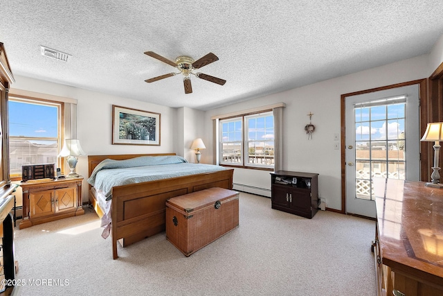 8 Mary Alice Rd, Beach Haven West, NJ 08050 - bedroom with a baseboard radiator, a textured ceiling, light carpet, access to outside, and a ceiling fan