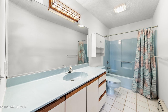 8 Mary Alice Rd, Beach Haven West, NJ 08050 - bathroom with baseboard heating, vanity, tile patterned flooring, a textured ceiling, and shower / bathtub combination with curtain