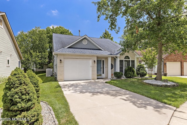1887 Crimson Ct, Toms River, NJ 08755 - ranch-style home with concrete driveway, roof with shingles, a front yard, a garage, and brick siding
