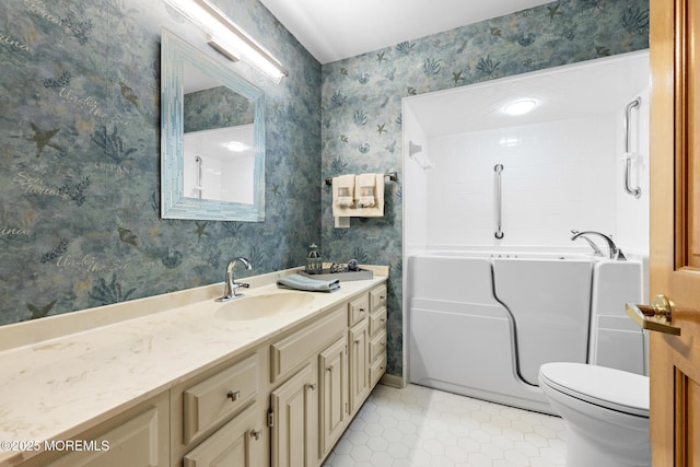 1887 Crimson Ct, Toms River, NJ 08755 - bathroom with wallpapered walls, vanity, tile patterned floors, and a tub