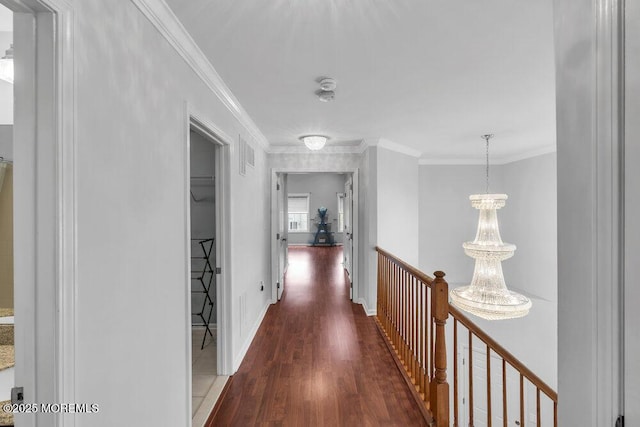 76 Deepwater Cir, Manalapan, NJ 07726 - corridor featuring an upstairs landing, wood finished floors, and crown molding