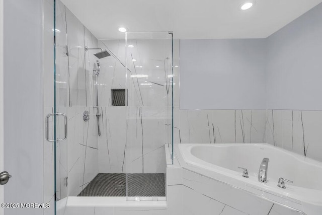 76 Deepwater Cir, Manalapan, NJ 07726 - full bath featuring a garden tub, a marble finish shower, and recessed lighting
