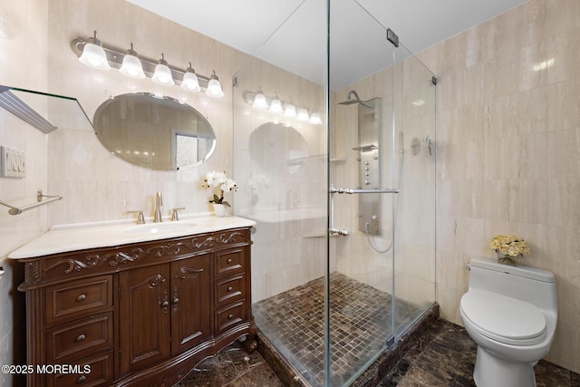 16 8th Ave, Monroe, NJ 08831 - full bathroom with tile walls, a stall shower, vanity, and marble finish floors
