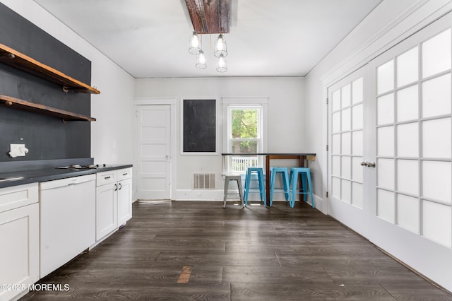 405 Hope Chapel Rd, Lakewood, NJ 08701 - kitchen with dark countertops, dishwasher, dark wood-style floors, white cabinetry, and open shelves
