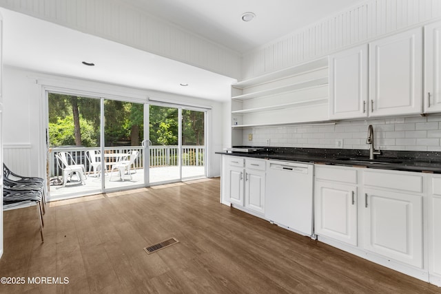 405 Hope Chapel Rd, Lakewood, NJ 08701 - kitchen featuring white dishwasher, open shelves, decorative backsplash, and plenty of natural light