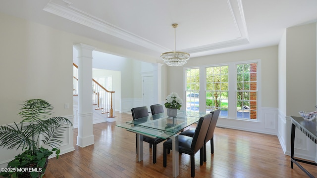 18 Sage St, Holmdel, NJ 07733 - dining room with a raised ceiling, ornamental molding, hardwood / wood-style floors, stairway, and a chandelier