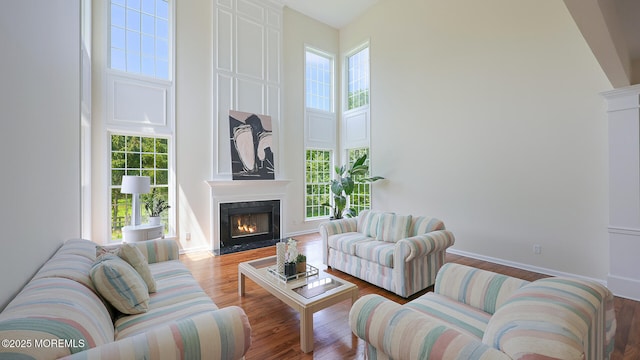 18 Sage St, Holmdel, NJ 07733 - living room with a high ceiling, a fireplace, and wood finished floors