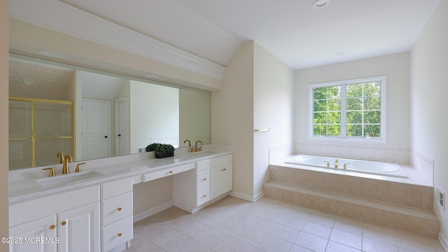 18 Sage St, Holmdel, NJ 07733 - bathroom featuring double vanity, a garden tub, tile patterned floors, and a tile shower