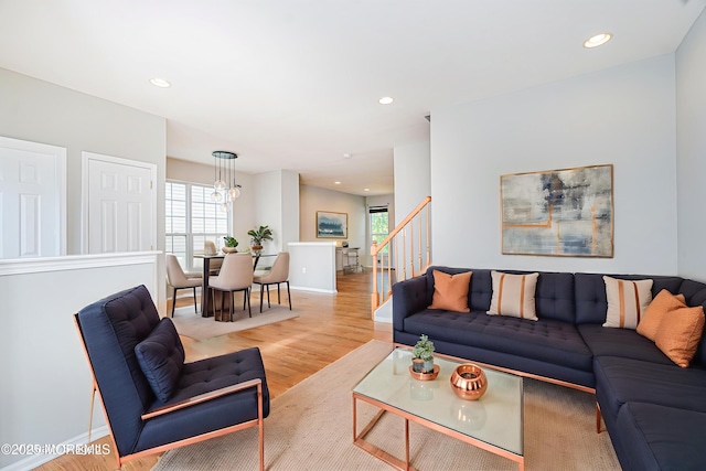 9 Mioduski Ct, Parlin, NJ 08859 - living room featuring wood finished floors, recessed lighting, stairway, and a chandelier