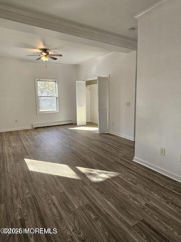 19 Sunrise Blvd, Forked River, NJ 08731 - unfurnished living room featuring a baseboard heating unit, wood finished floors, crown molding, and ceiling fan