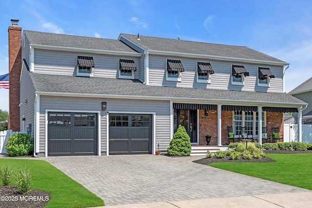 1510 Bel Aire Ct E, Point Pleasant, NJ 08742 - view of front of house with covered porch, driveway, a shingled roof, a chimney, and a front lawn