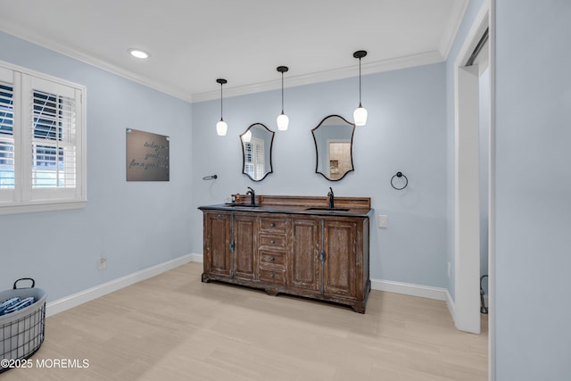 1510 Bel Aire Ct E, Point Pleasant, NJ 08742 - bathroom featuring ornamental molding, double vanity, wood finished floors, and recessed lighting