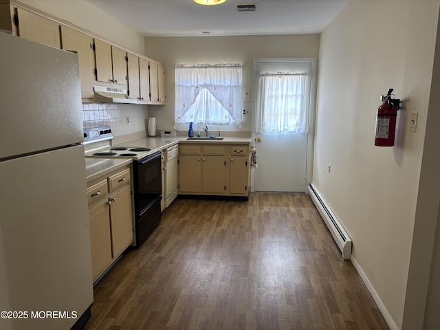 458 Jamaica Blvd, Toms River, NJ 08757 - kitchen with white appliances, a baseboard heating unit, under cabinet range hood, wood finished floors, and light countertops