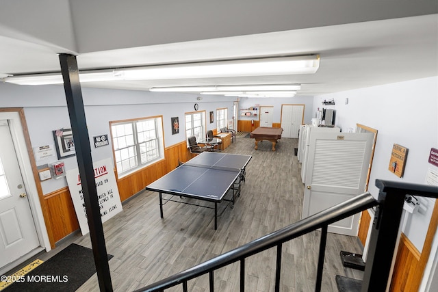 10 Haven Dr Unit B, Matawan, NJ 07747 - rec room with a wainscoted wall, wood finished floors, wooden walls, and billiards