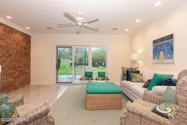 68 Linden Ct, Spring Lake Heights, NJ 07762 - living area with brick wall, ceiling fan, recessed lighting, wood finished floors, and ornamental molding