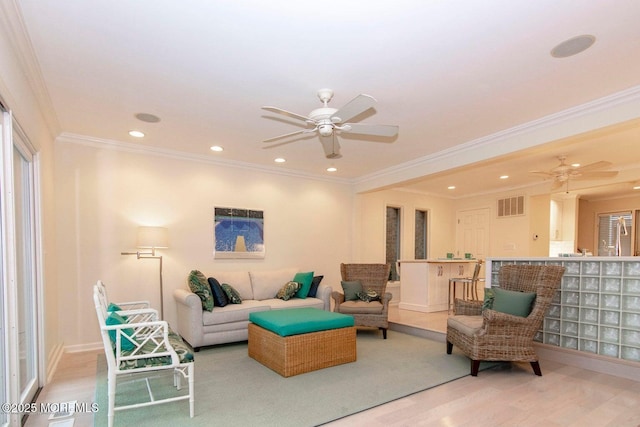 68 Linden Ct, Spring Lake Heights, NJ 07762 - living area with a ceiling fan, wood finished floors, recessed lighting, and crown molding