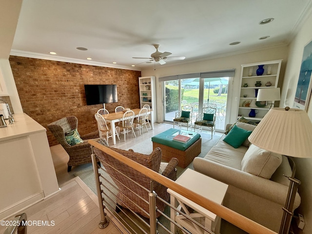 68 Linden Ct, Spring Lake Heights, NJ 07762 - living area with ceiling fan, brick wall, light wood-type flooring, recessed lighting, and crown molding