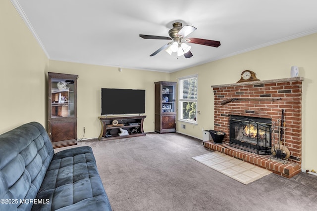 70 Desai Ct, Freehold, NJ 07728 - carpeted living room with a brick fireplace, a ceiling fan, and crown molding
