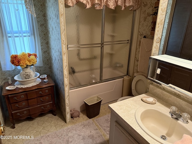 42 Eagle Dr, Whiting, NJ 08759 - bathroom with vanity, combined bath / shower with glass door, tile patterned flooring, and wallpapered walls