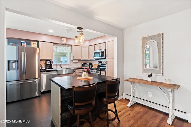 1086 Edgebrook Dr S, Toms River, NJ 08757 - kitchen with appliances with stainless steel finishes, a baseboard heating unit, dark wood-style floors, and decorative backsplash