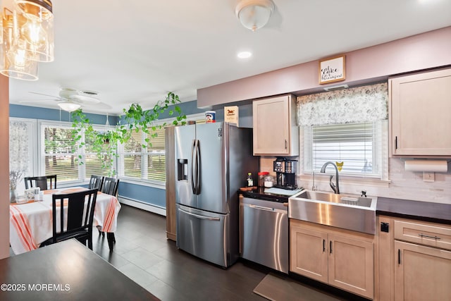 1086 Edgebrook Dr S, Toms River, NJ 08757 - kitchen with appliances with stainless steel finishes, ceiling fan, tasteful backsplash, dark countertops, and recessed lighting