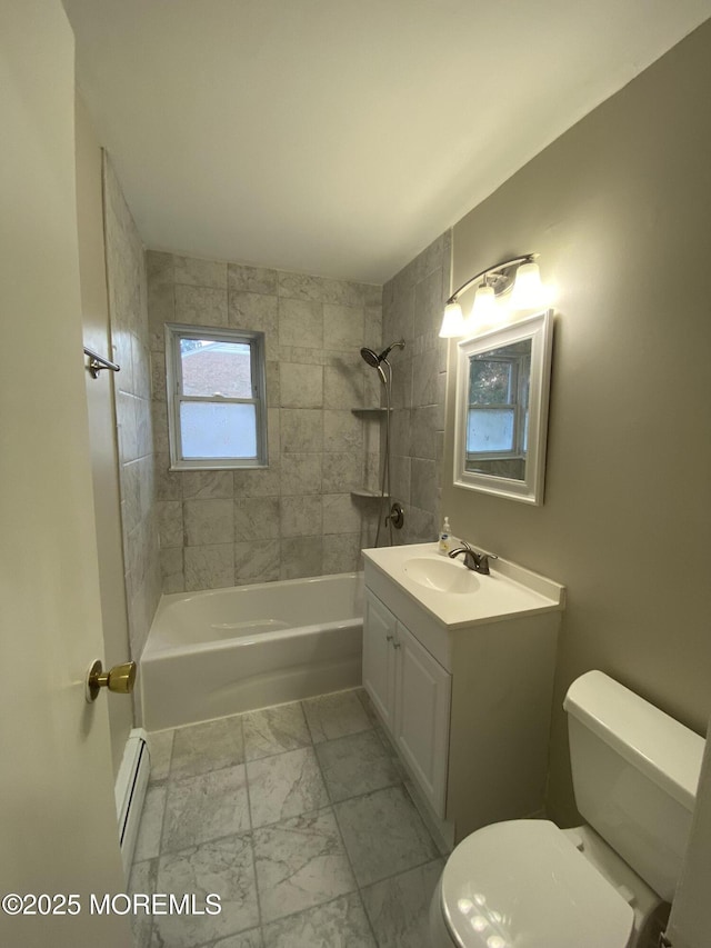 10 E Windsor Ter, Freehold, NJ 07728 - full bathroom featuring vanity, a baseboard radiator, washtub / shower combination, and marble look tiles