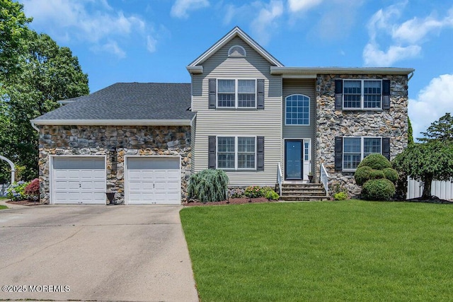101 Taft Ct, Brick, NJ 08724 - view of front facade featuring stone siding, concrete driveway, a garage, and a front yard