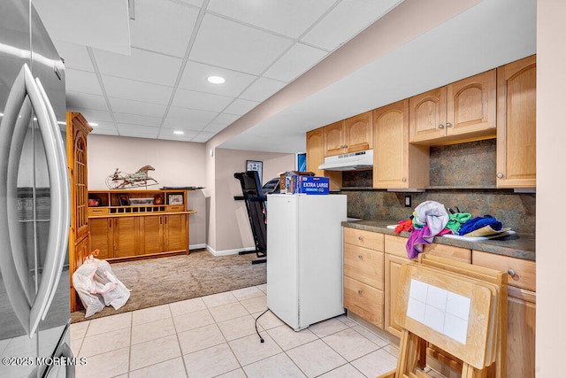101 Taft Ct, Brick, NJ 08724 - kitchen featuring freestanding refrigerator, light carpet, under cabinet range hood, dark countertops, and recessed lighting