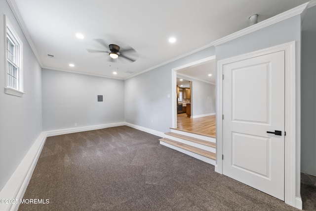 34 Traymore Rd, Freehold, NJ 07728 - carpeted spare room featuring ceiling fan, ornamental molding, and recessed lighting