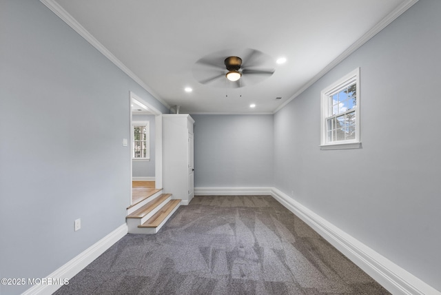 34 Traymore Rd, Freehold, NJ 07728 - empty room featuring ornamental molding, ceiling fan, carpet floors, recessed lighting, and plenty of natural light