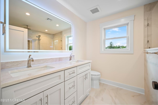 569 Ocean Blvd, Leonardo, NJ 07737 - bathroom featuring double vanity, a shower stall, marble look tiles, and recessed lighting