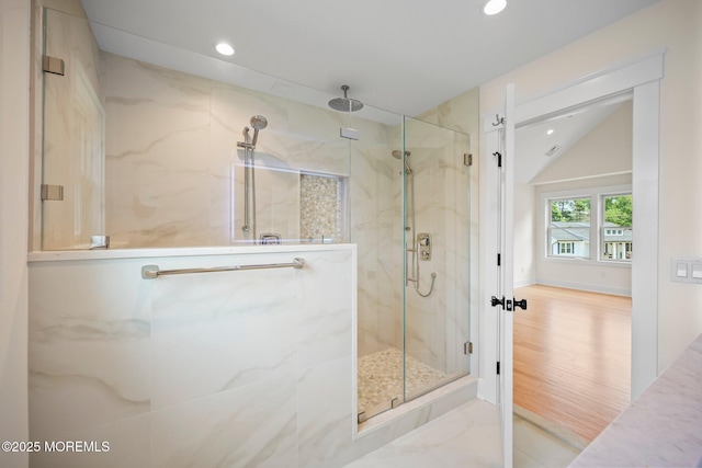 569 Ocean Blvd, Leonardo, NJ 07737 - full bath featuring a marble finish shower, recessed lighting, and vaulted ceiling