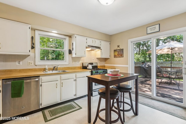 7 Plymouth Dr, Howell, NJ 07731 - kitchen featuring appliances with stainless steel finishes, under cabinet range hood, backsplash, white cabinets, and light floors