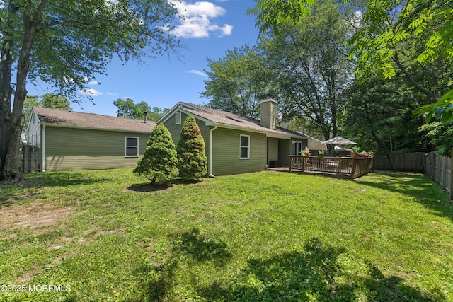 7 Plymouth Dr, Howell, NJ 07731 - rear view of property with a fenced backyard, a deck, and a chimney