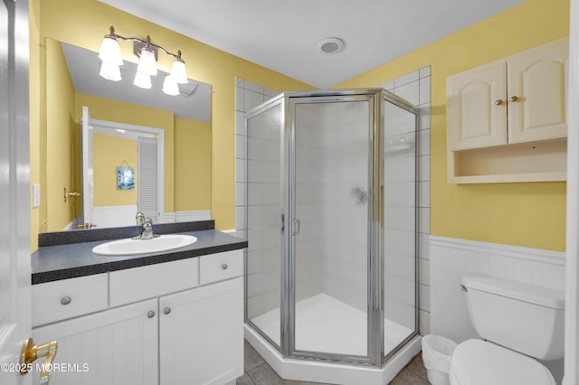 19 Elizabeth Ave, Lavallette, NJ 08735 - bathroom with vanity, a shower stall, wainscoting, and tile patterned floors