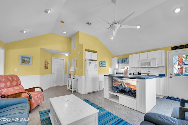 19 Elizabeth Ave, Lavallette, NJ 08735 - living area with a wainscoted wall, lofted ceiling, ceiling fan, light tile patterned floors, and recessed lighting