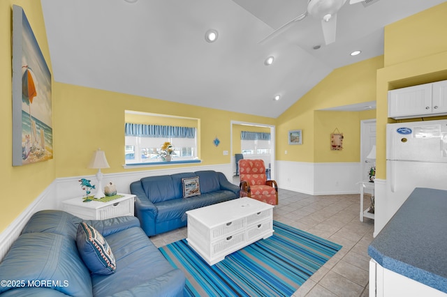 19 Elizabeth Ave, Lavallette, NJ 08735 - living area with wainscoting, lofted ceiling, tile patterned flooring, recessed lighting, and a ceiling fan