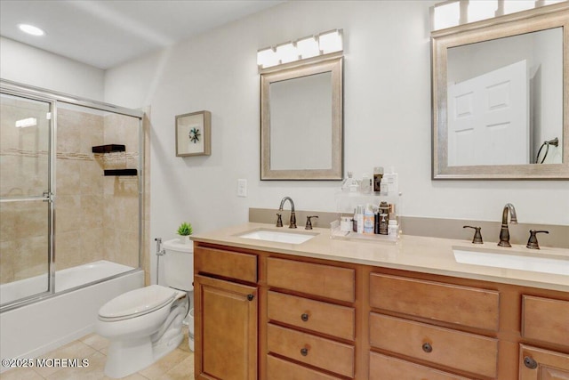 108 Warbler Way, Freehold, NJ 07728 - bathroom featuring double vanity, combined bath / shower with glass door, tile patterned floors, and recessed lighting