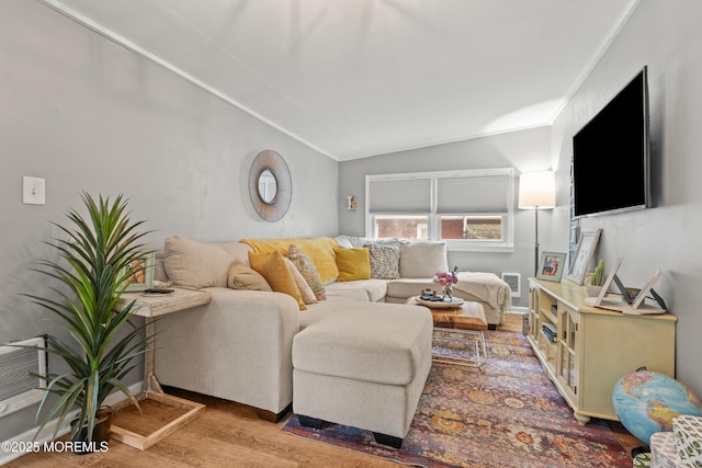 15 Park Blvd, Ocean Twp, NJ 07712 - living room featuring wood finished floors, vaulted ceiling, and crown molding