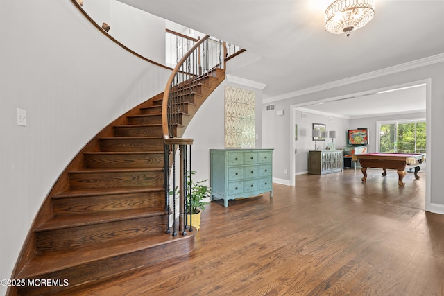 79 Cypress Neck Rd, Lincroft, NJ 07738 - staircase featuring billiards table, wood finished floors, and ornamental molding