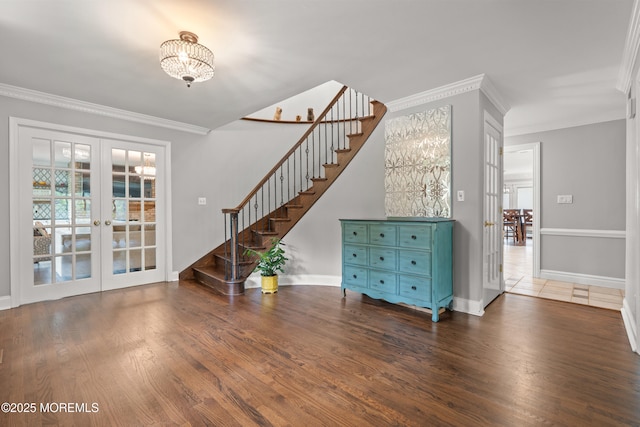 79 Cypress Neck Rd, Lincroft, NJ 07738 - unfurnished living room featuring french doors, stairs, crown molding, a chandelier, and wood finished floors