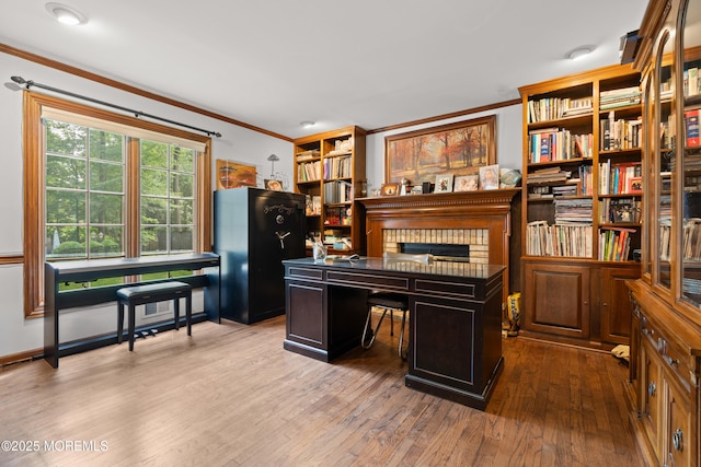 79 Cypress Neck Rd, Lincroft, NJ 07738 - office featuring ornamental molding, hardwood / wood-style flooring, and a brick fireplace
