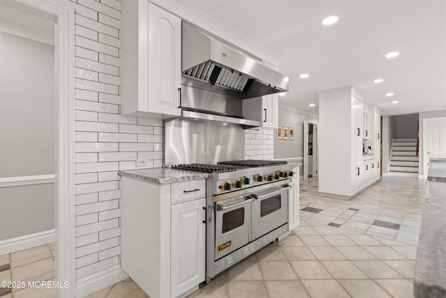 79 Cypress Neck Rd, Lincroft, NJ 07738 - kitchen featuring double oven range, ventilation hood, recessed lighting, white cabinets, and ornamental molding