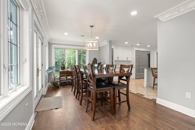 79 Cypress Neck Rd, Lincroft, NJ 07738 - dining room with recessed lighting, a chandelier, ornamental molding, and wood finished floors